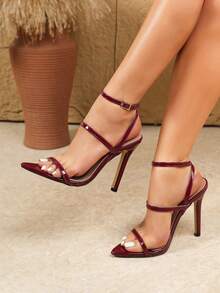 Sandales à talons aiguilles sexy pour femmes grandes tailles, sandales à talons hauts élégantes et polyvalentes pour soirées décontractées, sandales à talons aiguilles sexy et élégantes pour soirées, sandales à talons aiguilles pour femmes pour la marche - Rouge foncé - Voir 3