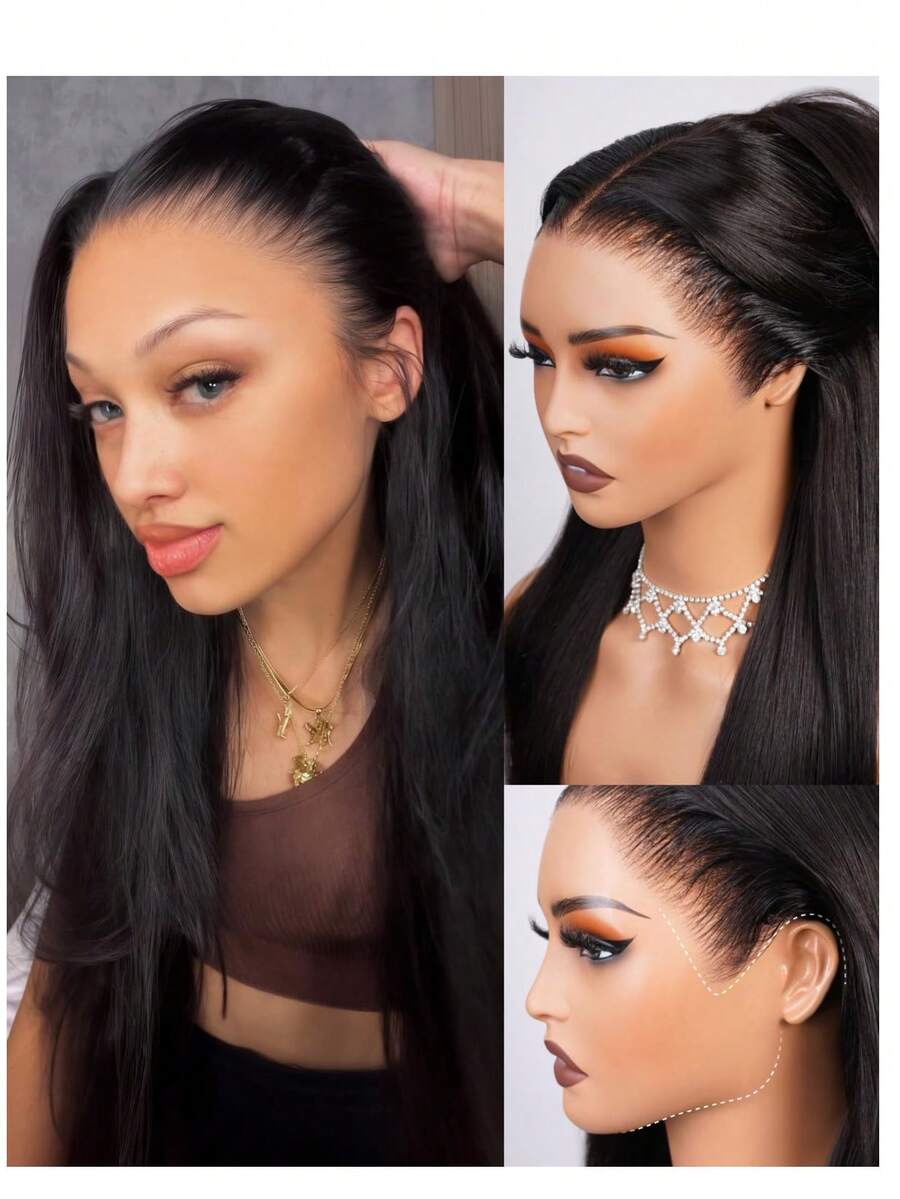 无胶假发，真人发，预先拔毛，预先剪裁，升级版耳到耳6x5蕾丝前假发，真人发，无胶佩戴，抽绳直发前假发，带胶带，220%密度，18英寸