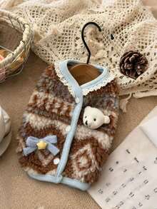 Cute Plush Dog Cat Vest Jacket With 3D Bear And Bow Tie - Pet Apparel, Suitable For Medium Small Dogs Cats, Soft And Warm Pet Clothing