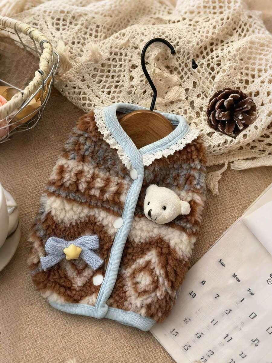 Cute Plush Dog Cat Vest Jacket With 3D Bear And Bow Tie - Pet Apparel, Suitable For Medium Small Dogs Cats, Soft And Warm Pet Clothing
