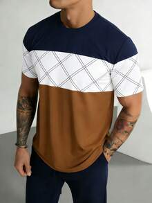 GRDR 男士休闲撞色圆领短袖T恤，商务风格，夏季款，1件装 - 藏蓝色 - 查看 4