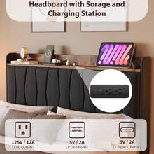Queen-Size Floating Bed Base With LED Lights And Charging Station, Upholstered Platform With Storage Headboard, Wooden Slat Support, No Box Spring Needed - Black - View 6