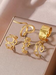 5pcs Stainless Steel Fashionable Leaf Geometric Pattern Open Rings, Suitable For Women's Daily Wear - Yellow Gold - View 3