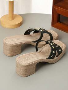 夏季新款时尚舒适厚底女童拖鞋，百搭青少年单带沙滩凉鞋 - 黑色 - 查看 4