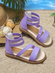 2026 Spring/Summer New Girl's Pearl Sequin Sandals, Double Ankle Strap Flat Roman Sandals, Versatile For Party, Vacation - Mauve Purple - View 5