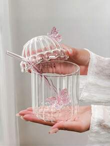 1 Stück Glas Schmetterlingstasse, rosa Schmetterling Frühstückstasse für Milch und Kaffee, transparente vertikal gestreifte niedliche Glastasse, für den Heimgebrauch Eiskaffee Americano Latte Tasse - Verschiedenfarbig - Übersicht 1