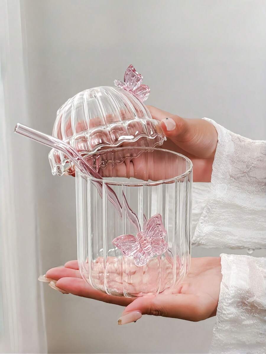1 Stück Glas Schmetterlingstasse, rosa Schmetterling Frühstückstasse für Milch und Kaffee, transparente vertikal gestreifte niedliche Glastasse, für den Heimgebrauch Eiskaffee Americano Latte Tasse - Verschiedenfarbig - Übersicht 1