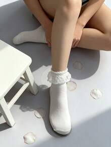 1/3/5 pares de calcetines de media caña blancos con volantes y estampado de estrellas, versátiles y lindos para mujer, nuevos lanzamientos para primavera/verano/otoño - Blanco - Ver 7