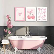 3pcs Pink Bow Watercolor Wall Art Prints, Girly Canvas Painting, College Style Poster Decor, Suitable For Bedroom, Living Room, Office, Dorm Room Decoration, Frameless - Multicolor - View 2