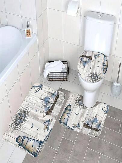 1pc/3pcs Vintage Sailing Ship & Lighthouse Pattern Bathroom Mat, Soft Faux Wool 1200g/㎡ Polyester Fiber Bathroom Rug, 10mm Thick, TPR Anti-Slip Bottom, Foldable Easy Care Carpet Mat, Modern Thick Absorbent Non-Slip Floor Mat, Decorative Carpet, Suitable For Bathroom, Toilet, Living Room, Indoor Entrance, Room Decor, Housewarming Gift, Holiday Gift