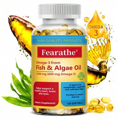  Fearathe Omega-3 Fish Oil & Algae Oil Softgels - 1200 Mg/Serving  - Supports Heart, Brain & Eye Health - 120 Capsule