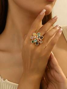 Bohemian Style Colorful Crystal Flower Ring - Exaggerated Gold-Plated Cocktail Ring, Suitable For Women's Party/Date - Multicolor - View 3