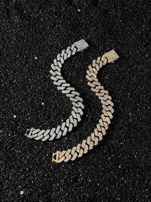 1pc Men's 14mm Wide Diamond-Encrusted Rhombus Link Chain Bracelet, Hip Hop Style - Style a - View 2