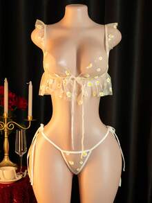 两件套性感蕾丝内衣套装：上衣+内裤，女士内衣睡衣 - 黃色 - 查看 7