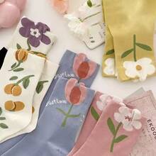 女士花朵图案中筒袜 时尚百搭 可爱 柔软舒适 透气 休闲袜 - 彩色 - 查看 3