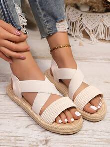 女士春秋新款罗马单层软底弹力面料交叉透气休闲舒适圆头平底凉鞋 - 白色 - 查看 3