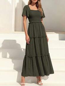 Women's Bohemian Summer Dress - Swiss Dot Smocked Square Neck Short Sleeve Maxi Dress For Spring Wedding Guest & Vacation - xanh quân đội - Xem 5