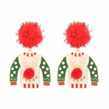 1 Pair Fashionable Creative Red Pom Pom & Reindeer Pendant Earrings, Unique Christmas Earrings - Red Pom-pom-patterned Reindeer Clothing Pendant Earrings - View 7