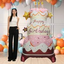 1Pc 197cm Supersize Stand Birthday Party Balloon Happy Birthday Cake Shape Foil Balloons Birthday Party Decorations - Multicolor - View 1