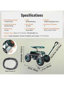 Garden Cart Rolling Workseat With Wheels, Gardening Stool For Planting, 360 Degree Swivel Seat, Wagon Scooter With Steering Handle & Utility Tool Tray, Use For Patio, Yard, And Outdoors, Green - Dark Green - View 7