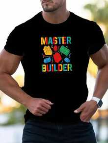 Camiseta 'MASTER BUILDER' con temática de bloques de construcción para hombres - Negra con estampado de ladrillos de juguete, ajuste holgado, camiseta casual de cuello redondo para entusiastas, regalo de arquitecto, regalo del Día del Padre - Negro - Ver 1