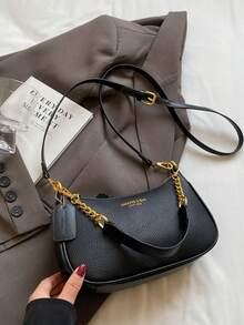 New Fashion Classic Versatile Letter Graphic Decor Solid Color Waterproof PU Fabric Shoulder Bag, Crescent Bag, Underarm Bag, Suitable For Shopping, Can Be Worn Crossbody. Decorated With Cherry Pendant, Crescent Bag For Summer, Suitable For Beach Vacation, Back To School Season, Women Wallet. - màu đen - Xem 11