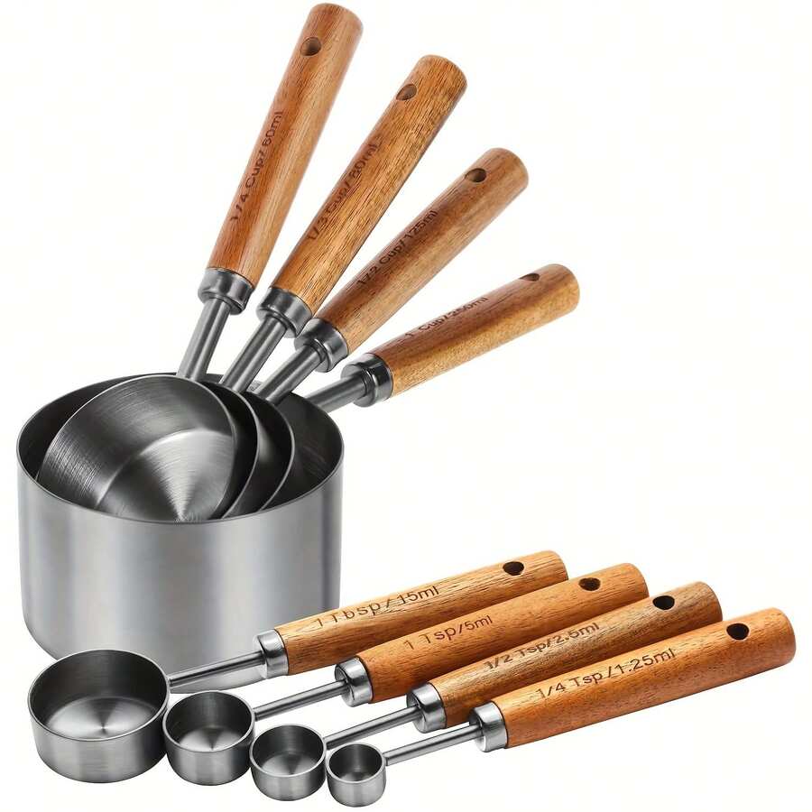 4/8pcs Stainless Steel Measuring Cups And Spoons Set, Durable Metal Kitchen Tools For Precise Dry And Wet Ingredient Measurement, Essential Cooking And Baking Utensils, Kitchen Accessories, Baking Supplies - Silver - View 1