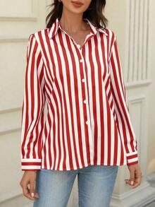 Contrast Color Block Striped Button Front Women Shirt, Loose Striped Blouse For Women Slimming Vintage Niche Versatile Top, Suitable For Daily Life And Valentine's Day - Đỏ - Xem 10
