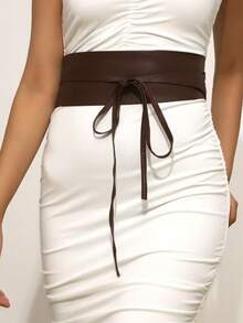 Plus Size Fashionable Versatile Coffee Color Belted Waist - Coffee Brown - View 1