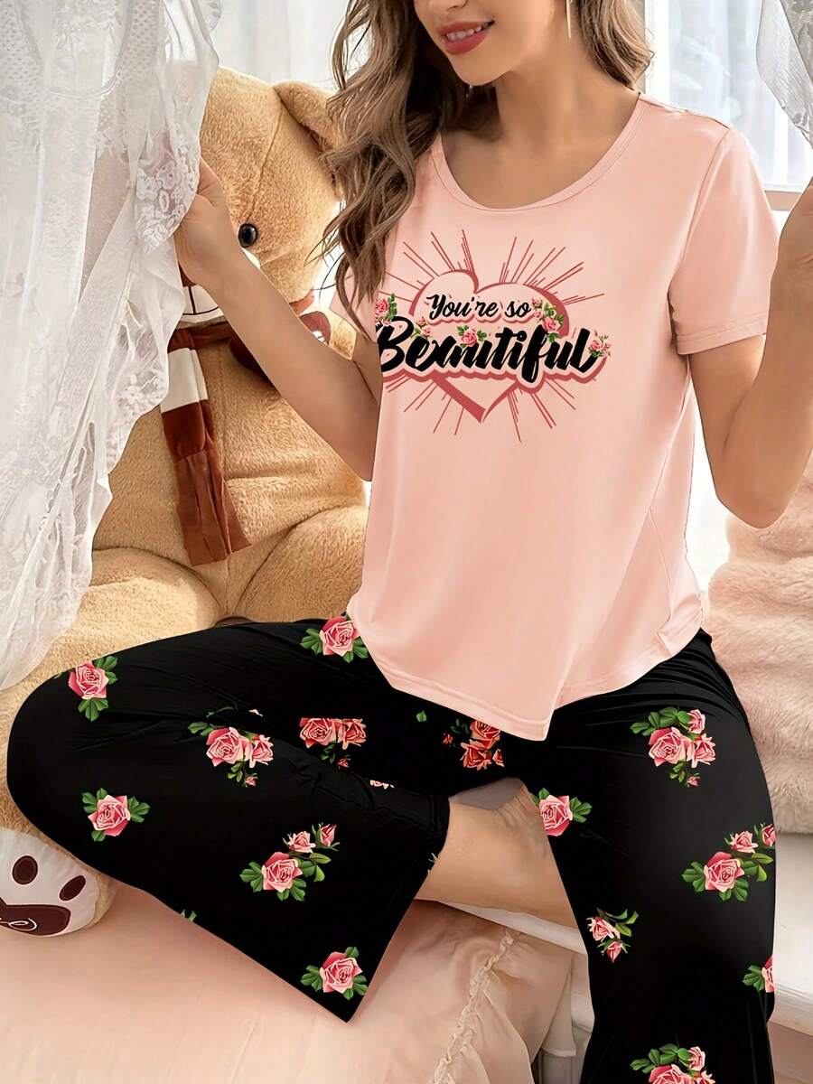 2pcs/Set Pink Short Sleeve Top And Printed Pants Pajamas, Women Sleepwear - Pink - View 1