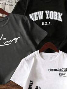 3件装男童字母印花圆领短袖T恤，夏季上衣 - 彩色 - 查看 3