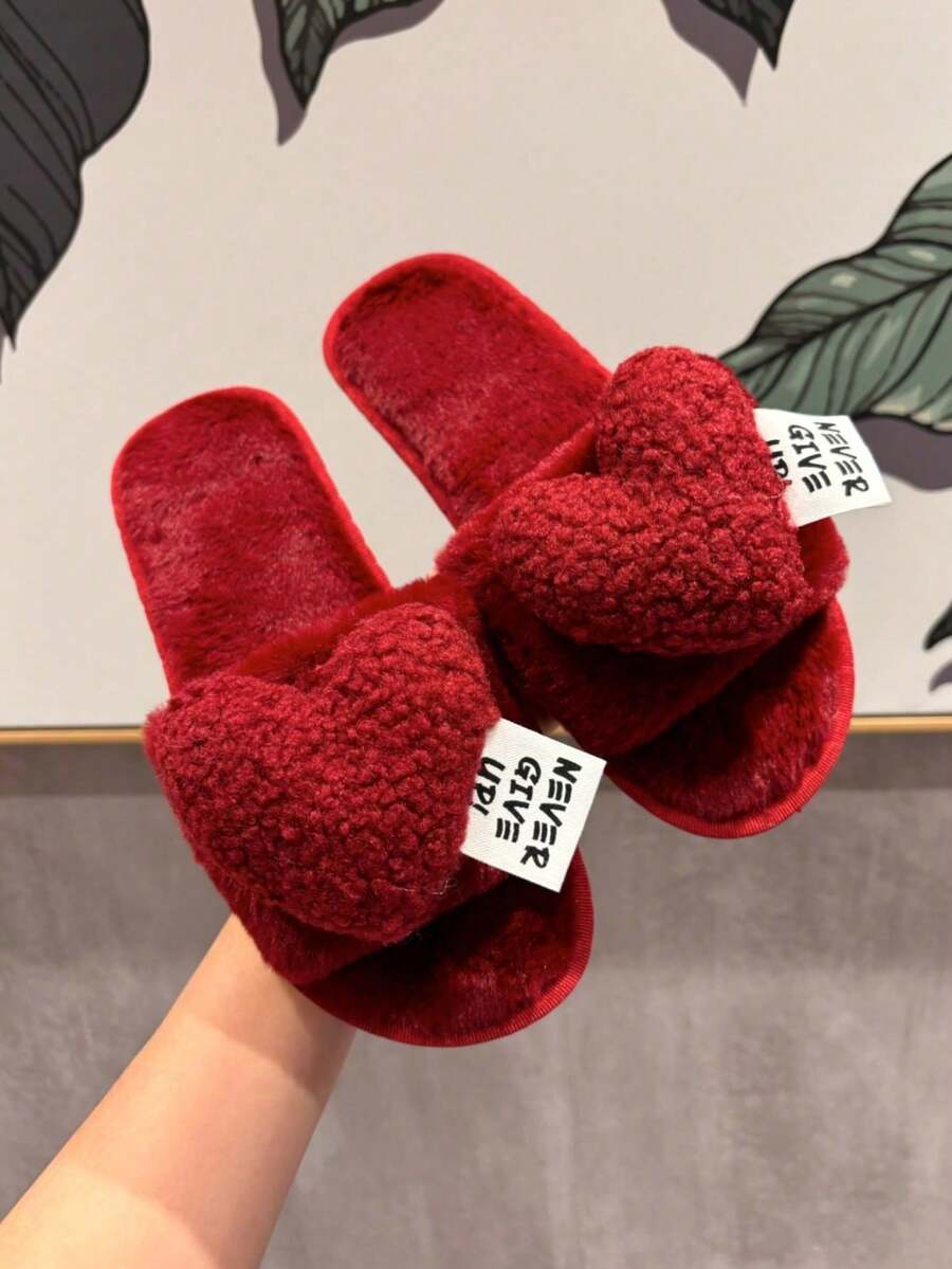 Women's Elegant 3D Plush Heart Flat Plush Slippers, Red Shoes For Valentine's Day, Home, Wedding - Burgundy - View 1