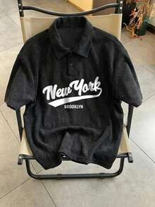 Men's Summer Letter Print Casual Loose Polo Shirt - Black - View 2