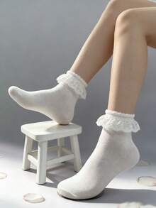 1/3/5 pares de calcetines de media caña blancos con volantes y estampado de estrellas, versátiles y lindos para mujer, nuevos lanzamientos para primavera/verano/otoño - Blanco - Ver 2