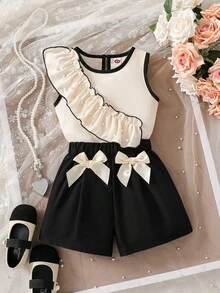 少女时尚休闲可爱套装：串珠褶皱无袖上衣 + 褶皱蝴蝶结裤