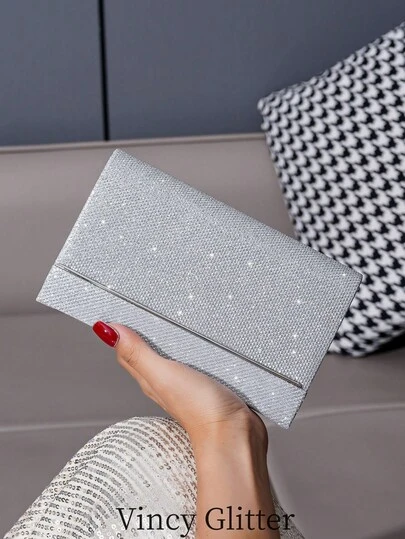 银色亮片手拿包，优雅晚宴包，适合盛大晚宴、派对等场合，可轻松收纳手机、口红等，百搭时尚女士手提包
