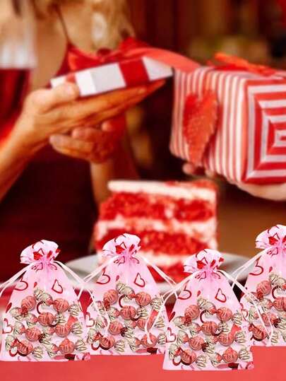 Red Heart Organza Drawstring Bag, Holiday Surprise Gift Pouch, Wedding Favor Bag, Bridesmaid Gift Bag, Guest Favor Bag, Jewelry Storage Bag, Shower Favor, Bachelorette Party Gift Bag, Candy Gift Mesh Drawstring Bag, Suitable For Holidays, Weddings, Romantic Surprises