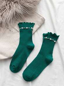 1双女士珍珠边中筒袜，时尚百搭罗纹袜，春秋季