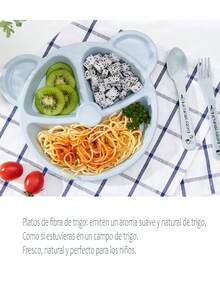 Set de Plato Infantil de Fibra de Trigo, Ecológico y Natural, con Divisiones, Libre de BPA y Metal, Incluye Cucharita y Tenedor para Bebés y Niños - Azul - Ver 10
