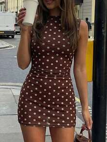 Women's Polka Dot Print Round Neck Sleeveless Ruched Fitted Fashionable Mini Dress - Brown - View 4