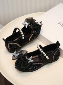 1 Pair Girls' Multi-Color Butterfly Rhinestone Shoes, Pearl Decor Princess Soft Bottom Shoes, Spring/Summer, Birthday Party, School Performance, Ethereal & Gentle Casual Shoes - Black - View 6