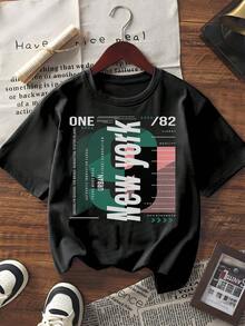 Women's Short Sleeve Graphic Print T-Shirt New York Letter Color Block Casual Streetwear Vintage Crew Neck Tee Summer Loose Fit Basic Top For Daily Wear - 白色 - 查看 1