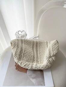 Women's Knitted Handbag, Colorful Patchwork Large Capacity Classic Retro Coin Purse, Suitable For Holiday Travel - Beige - View 4