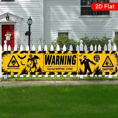 1个2D恐怖僵尸警告横幅 - “警告：僵尸生化危害区”，骷髅头和交叉骨设计，黄色万圣节派对庭院标牌，适合室内/室外僵尸主题装饰，节日横幅，2D平面横幅，1个僵尸主题万圣节庭院横幅 - 适合户外恐怖派对装饰，万圣节派对装饰横幅
