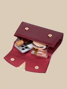 1 pieza Bolso de mano con solapa y espejo de unicolor de moda para mujeres, decorado con herrajes metálicos, bolso de negocios elegante adecuado para uso diario de las mujeres, embrague/bolso de mano/bolso de hombro/bolso cruzado, aplicable para boda/fiesta/baile de graduación/banquete - Burdeos - Ver 8
