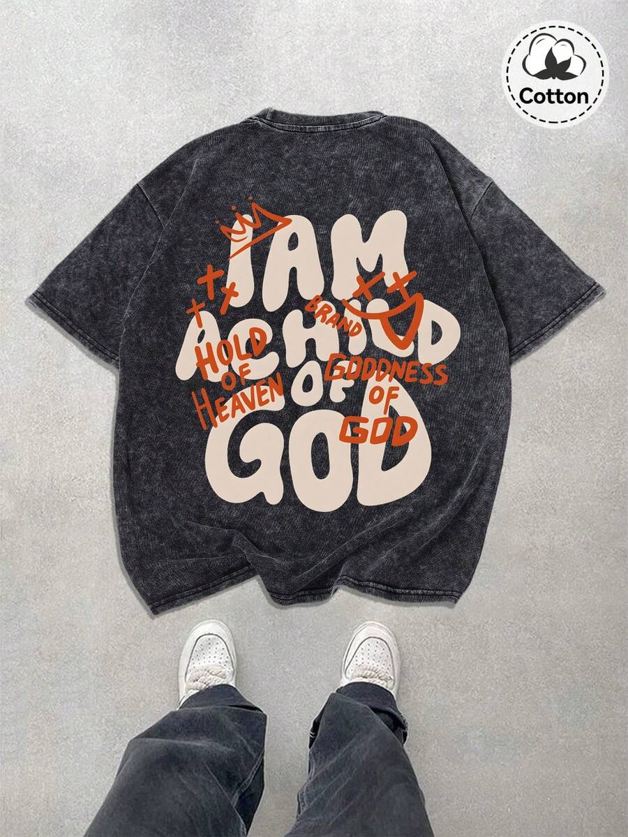 Hemo 男士街头图案T恤，微弹修身水洗黑色圆领短袖T恤，休闲日常T恤 - 黑色 - 查看 1