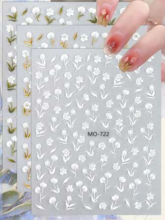 3/6 ark minimalistiska blommiga nagelklistermärken, eleganta vita blommor och löv 5D nageldekaler för naturlig estetisk manikyr