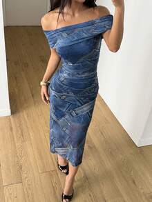 Women's Off-Shoulder Denim Effect Print Fitted Casual Knit Fabric Ruffle Hem Dress - Navy Blue - View 1