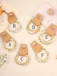 Bộ 3 vòng tay ngọc trai và kim loại dành cho nữ, vòng tay nhiều lớp thời trang dễ thương, trang sức co giãn tinh tế, quà tặng cho phụ nữ, mẹ, Ngày của Mẹ. - Vàng - Xem 11