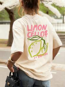 Camiseta de manga corta con cuello redondo y estampado de limones para mujer, estilo casual de vacaciones, top moderno para el verano y uso diario. - Albaricoque 3 - Ver 6